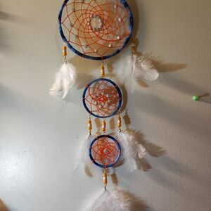 Bohemian Blue and Orange Dreamcatcher Wall Tapestry with White Feathers